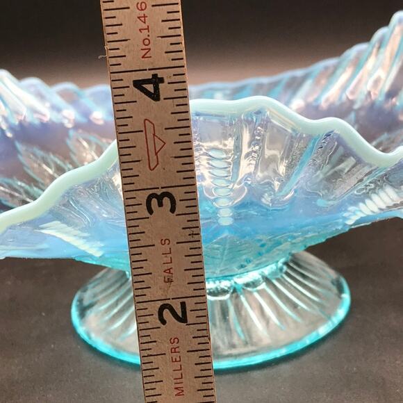 Vintage Ruffled Crimped Edge Blue Opalescent Compote Dome Footed Bowl 1930s-40s - Picture 9 of 9
